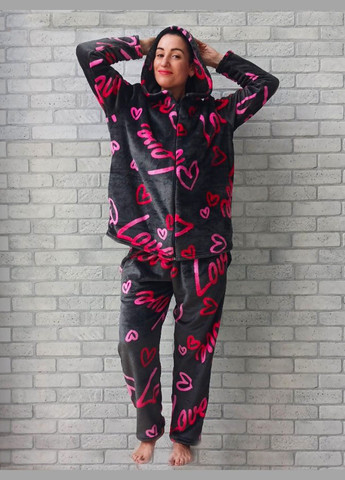 Комбінована всесезон жіночий домашній теплий костюм вельсофт махра батал великого розміру, зимовий з каптуром та кишенями, кофта на блискавки No Brand