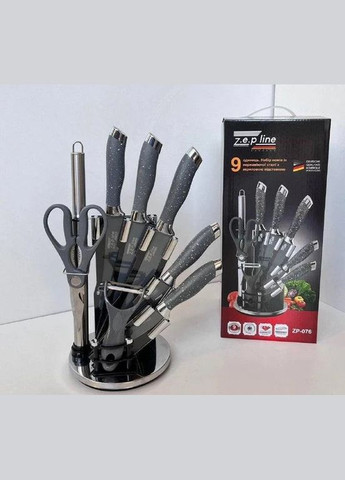 Набор ножей для кухни с подставкой 9 предметов серый (2104618512) Zepline ZP-027 серые, пластик, нержавеющая сталь