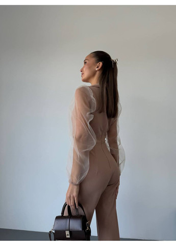 Комбінезон жіночий елегантний Style Point комбінезон-брюки однотонний бежевий святковий, діловий, кежуал креп-дайвінг