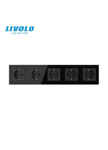 П’ятимісна електрична розетка з заземленням, чорна, скляна рамка, шторки, 250В 16А (VL-C7C5EU-12) Livolo (370972091)