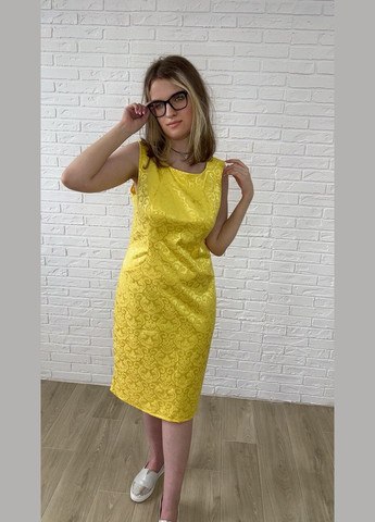 Жовтий повсякденний, кежуал жовте жакардове літнє жіноче плаття-футляр міді з візерунком з квітковим принтом сукня-майка, футляр No Brand з квітковим принтом