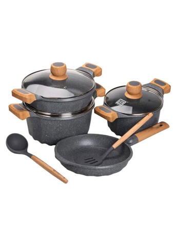 Набор посуды, 3 кастрюли, алюминиевая толстодонная кастрюля с лопаткой и половником серый HP-4-401G MGC (353504598)