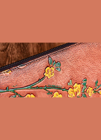 Женский кожаный кошелек портмоне с тиснением цветами на молнии коричневый OEM (329900834)