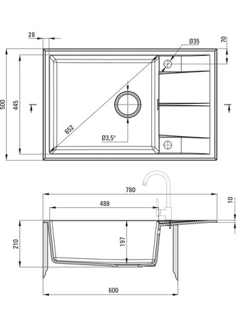 Кухонна мийка Eridan 780х500х210 мм (ZQE_A11B) Deante (332963658)