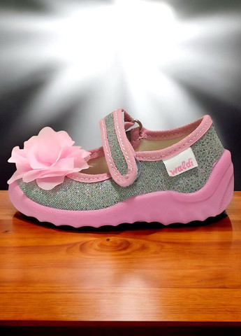 Серебряные ортопедические тапочки на липучке для девочки Waldi с бантом, с цветами