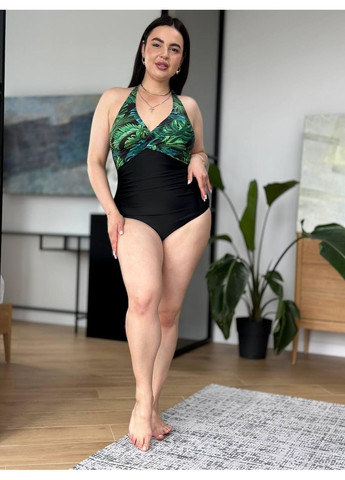 Чорний літній жіночий суцільний купальник плюс сайз рибана / жіночий купальник великих розмірів чорний з драпіровкою / жіночий купальник No Brand