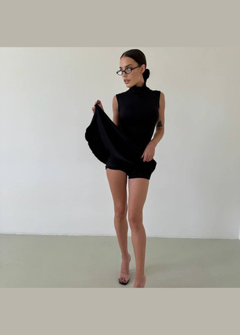 Жіночий фітнес комплект комбез+спідниця Style Point комбінезон-шорти однотонний чорний спортивний дайвінг