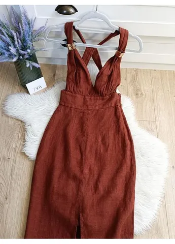 Коричневое платье меди из 100% льна Zara