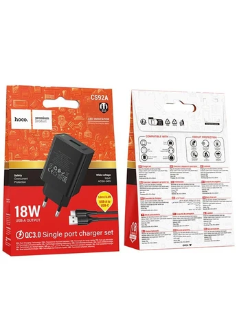 МЗП CS92A Leader 18W+QC3.0 (1USB-A) + кабель USB to Type-C Hoco (400158950)