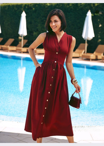 Бордова кежуал приталена сукня-міді бордового кольору на кнопках Dressa однотонна