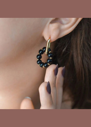 Сережки натуральний камінь Агат чорний + вставки фур-ра гіп-сплав колір золото d-12х6мм+- L-37мм No Brand Підвіски (302254669)