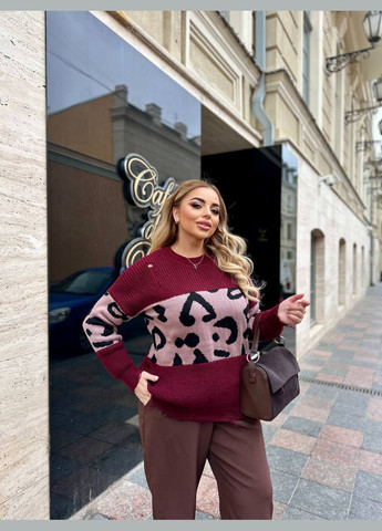 Бордовий теплий вязаний вовняний светр з лео вставкою рванка подовжений бордовий You Best