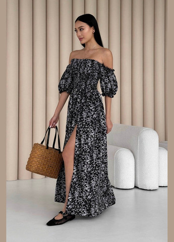Черно-белое повседневный, кэжуал летнее платье черного цвета с белыми цветочками Jadone Fashion с цветочным принтом