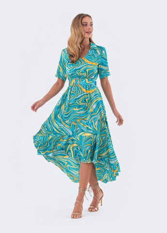 Бирюзовое бирюзовое платье с принтом и удлинённой спинкой и поясом Dressa