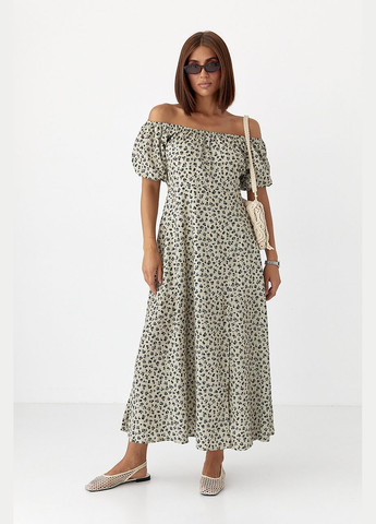 Кавова квіткова сукня з рукавами-ліхтариками Lurex