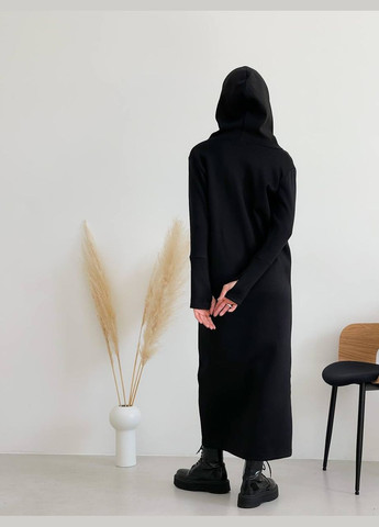 Черное повседневный, кэжуал длинное платье с капюшоном на флисе Vakko однотонное