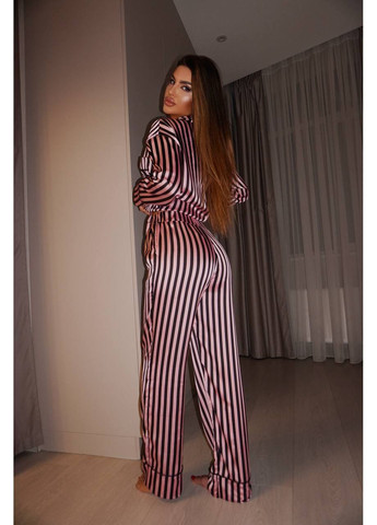 Черная женский шелковистый пижамный костюм в полоску. рубашка + брюки No Brand