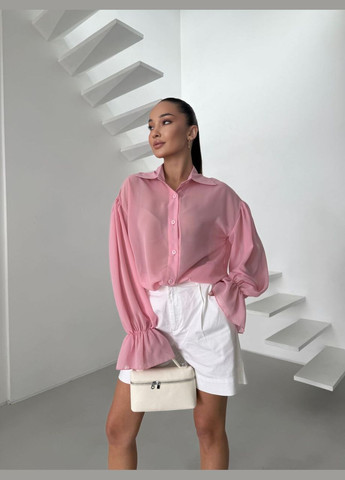 Розовая молочная женская прозрачная блуза шифоновая блузка на пуговицах черная коричневая розовая No Brand