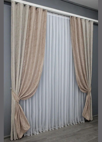 Штори для залу жаккардові 2 шт штори 1.5 х 2.7 м + тюль 4 х 2.7 м Бежевий (П4К-014дк (1177-1362ш)-02) No Brand (306633498)