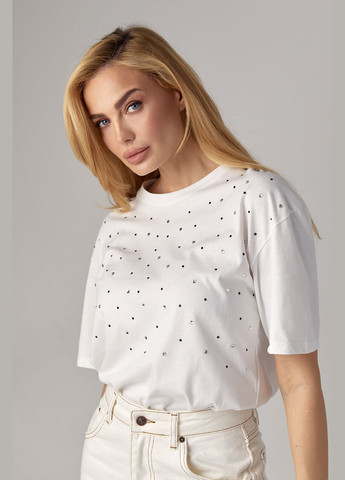 Молочна літня жіноча футболка з кольоровими термостразами Lurex
