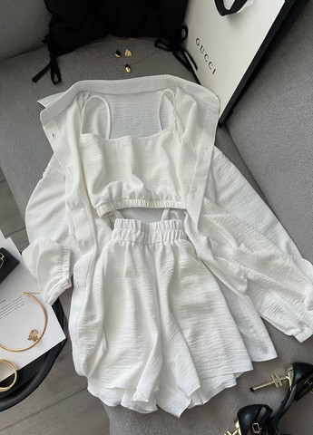 Изысканный легкий летний повседневный костюм тройка: рубашка+топ+шорты Allthings (344448125)