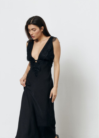 Чорна вечірня жіноча сукня-комбінація з широкими бретелями та мереживом ZF inspire однотонна