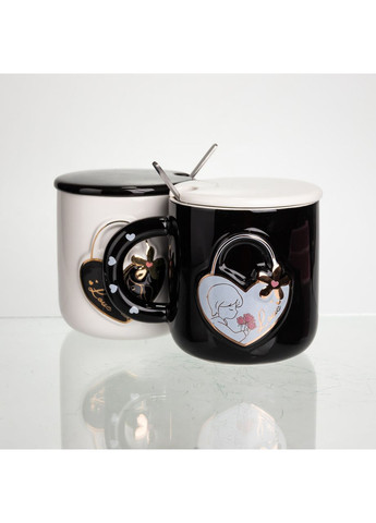 Набор парных фарфоровых чашек с сердцем 2 (шт) по 400 (мл) чашки на подарок с крышкой и ложкой Черный с белым FM-33 Yiwu (369626324)