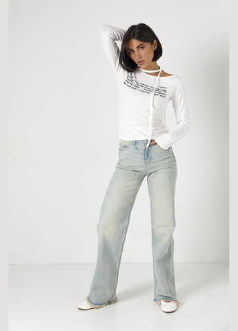 Трикотажный лонгслив на завязках с ассиметричной горловиной - молочный Lurex (324392813)