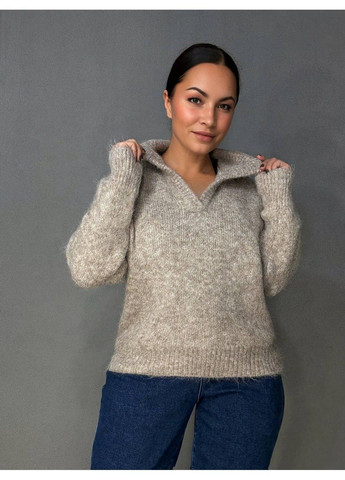 Бежевый демисезонный свитер женский a-n 19-1 с воротником поло теплый свободный No Brand
