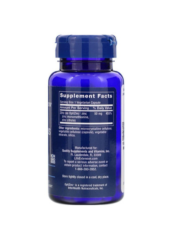 Цитрат цинку Zinc Caps 50 мг 90 капс Life Extension (357340187)