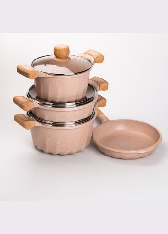 Набор посуды, 3 кастрюли, сковорода, алюминиевая толстодонная с лопаткой и половником, бежевый HP-4-401CR MGC (306849248)