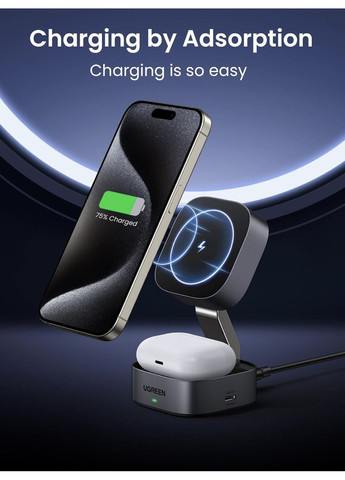 Бездротовий магнітний зарядний пристрій W526 MagSafe Qi 20 Вт для декількох пристроїв портативний супермагнетизм Ugreen (365860090)