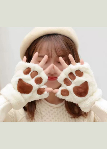 Мітенки хутряні Котячі лапки бежеві з коричневими вставками No Brand (316093336)