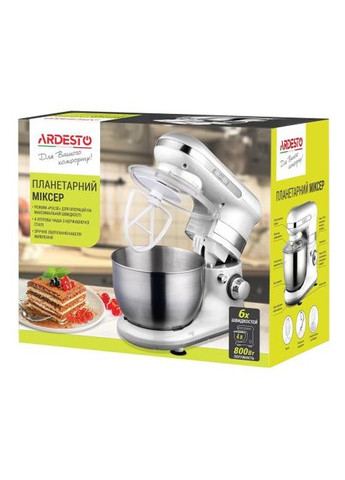 Планетарний міксер KSTM-8040 800Вт, 6 скор. +турбо, вінчик, насадка для змішування, А-подібна насадка, білий Ardesto (314778666)