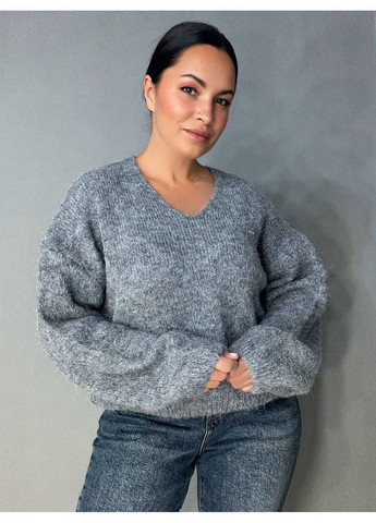 Сірий демісезонний светр жіночий a-n 08-1 оверсайз з вовною виріз мис No Brand