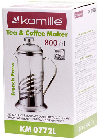Френч-прес 800мл скляний заварник для чаю та кави з металевою оправою та фільтром Kamille (368980621)