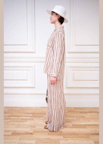 Бежевая рубашка в коричнево-бежевую полоску по вискозе в пижамном стиле кассандра Dolcedonna