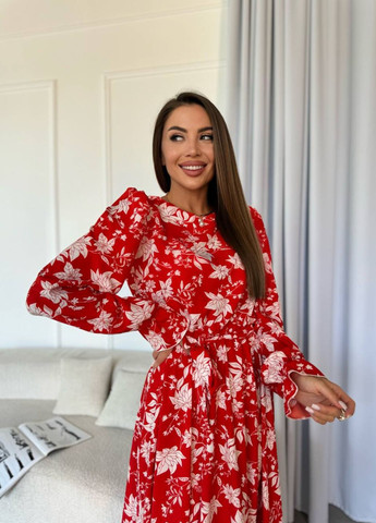 Червона повсякденний, святковий, вечірня трендова міді сукня з довгим рукавом та воланом кльош Allthings з квітковим принтом