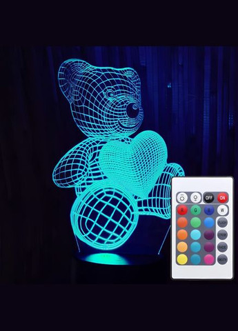 Ночник 3D Медвежонок с сердцем акриловый с 16 цветами подсветки и пультом для девочки No Brand (328262722)