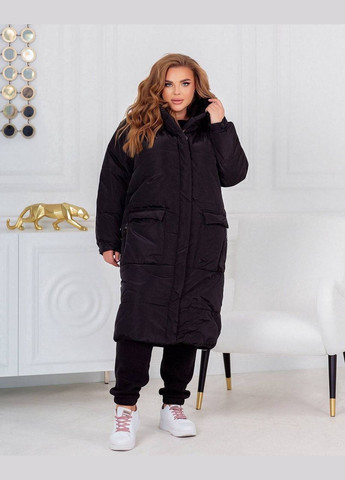 Черная женская теплая куртка-пальто с капюшоном цвет черный р.42/44 448984 New Trend