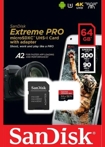 Карта пам'яті microSDXC (UHS-1 U3) Pro A2 64Gb class 10 V30 (R200MB/s,W90MB/s) (adapter) SanDisk Extreme (322416264)