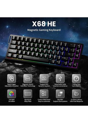 Игровая Клавиатура X68 HE Black Магнитные свитчи. Проволочное 8000Hz/s. RGB Подсветка, 68 keys, Switch 0.1mm. Rapid ATTACK SHARK (370202765)