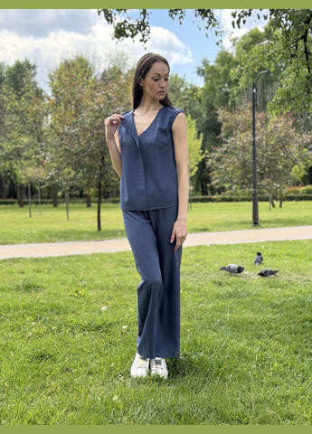 Тёмно-синяя легкая синяя блуза с лацканом из вискозной ткани 1324 Cat Orange