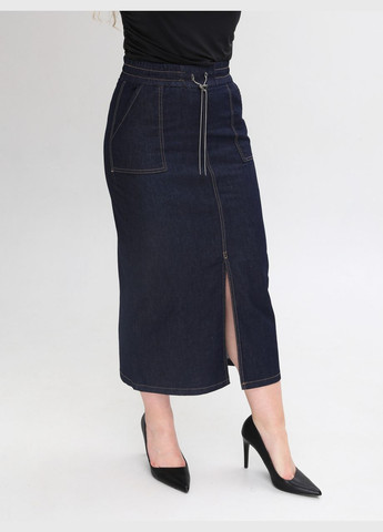 Спідниця жіноча темно-синя міді з тонким розрізом великий розмір Estensivo Пряма (293163358)