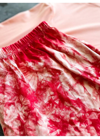 Персикова жіноча піжама великих розмірів лонгслів + рожевий тай-дай / жіноча піжама плюс сайз пастельний верх і яскраві штани No Brand