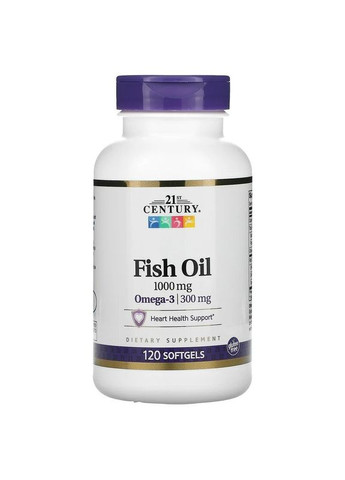 Рыбий жир 1000 мг Fish Oil Omega-3 300 мг поддержка здоровья сердца 120 мягких желатиновых капсул 21st Century (263603570)