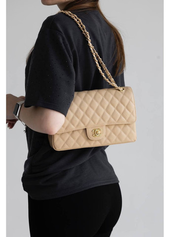 Шкіряна жіноча сумка класична Chanel Classic 2.55 Medium Double Flap in Beige/Gold бежева No Brand (369653491)