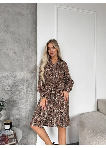 Кофейное легкое платье с поясом леопард Fashion