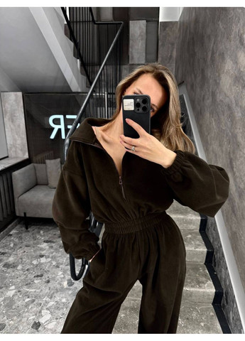 Женский велюровый комбинезон Україна однотонный коричневый кэжуал велюр