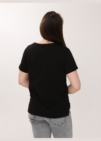 Чорна літня футболка жіноча чорна пряма з розрізами та принтом з коротким рукавом MDG Пряма